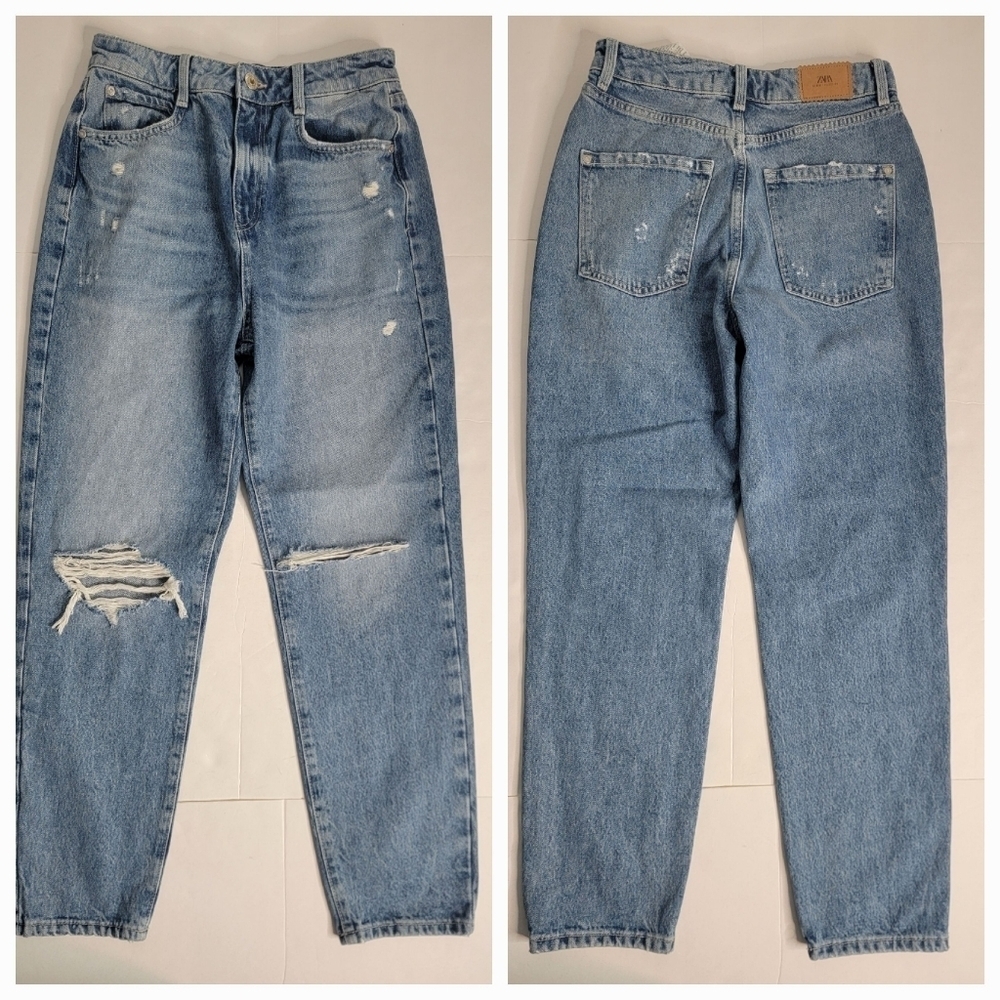 Zara Light-Blue High Rise Distressed Mom Jeans